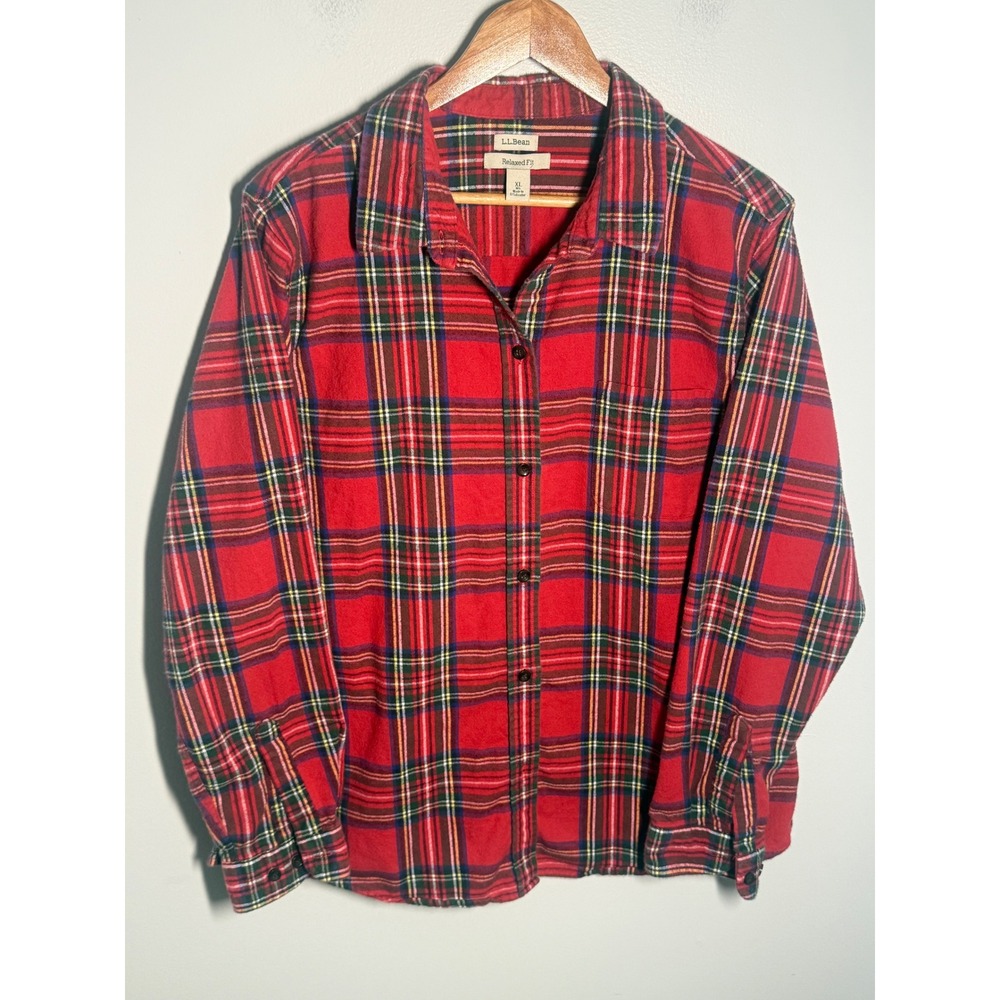 LL Bean Womens XL Relaxed Fit Flannel Shirt Red Plaid Button Down Long Sleeve